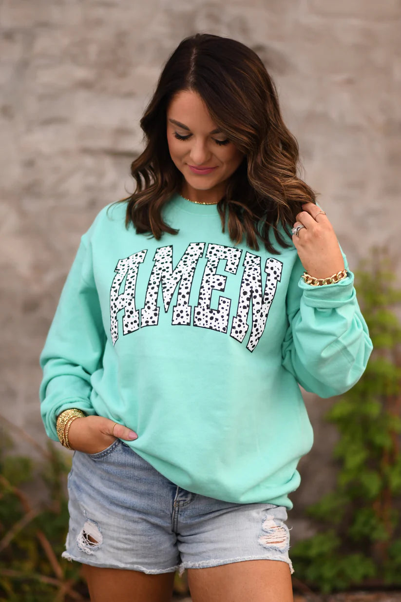 Curvy Dalmation Amen Sweatshirt in Turquoise