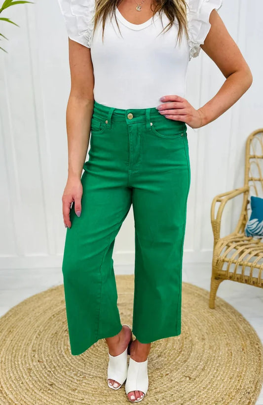 High Waist Garment Dyed Tummy Control Crop Wide Jeans