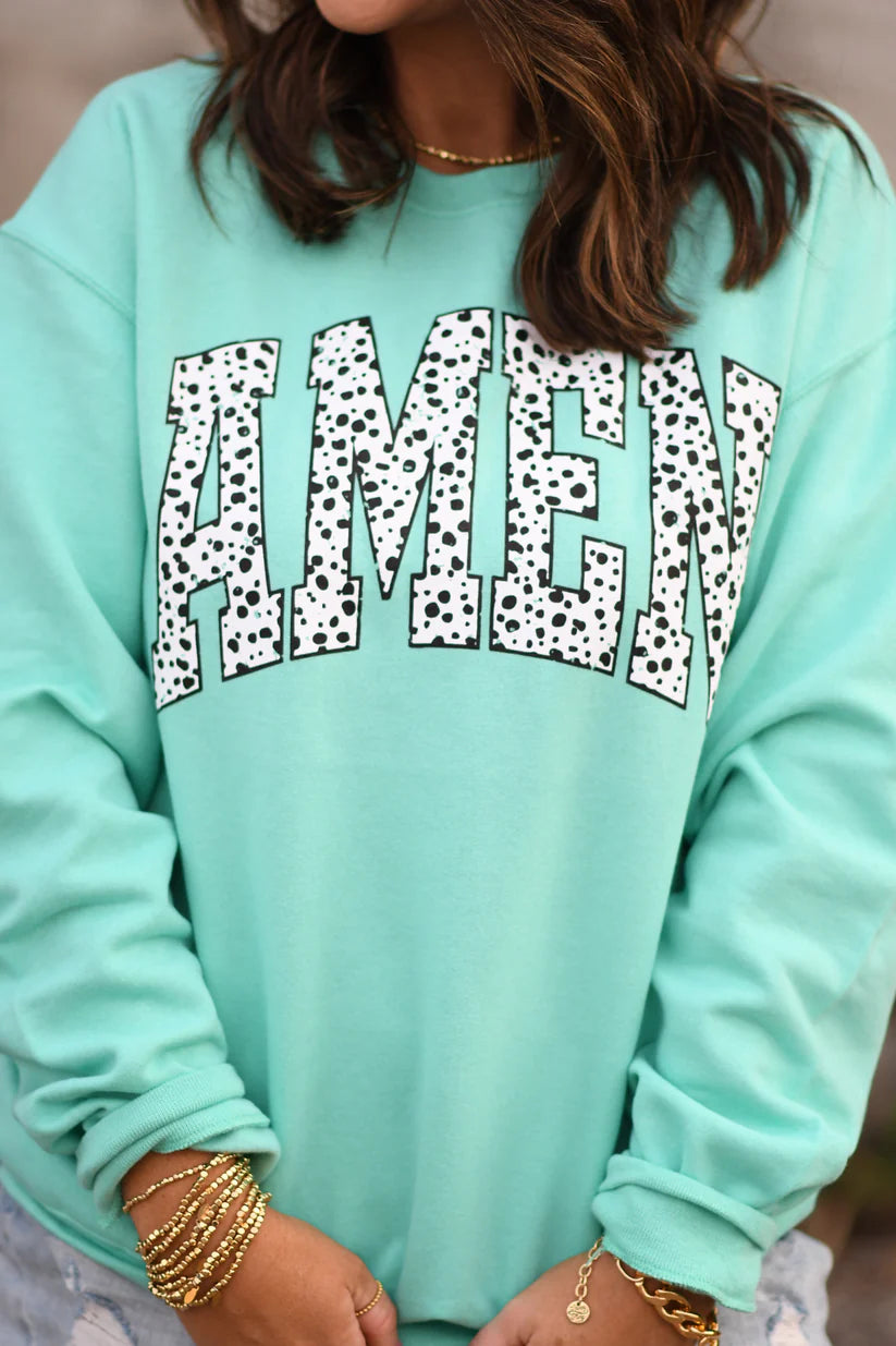 Curvy Dalmation Amen Sweatshirt in Turquoise