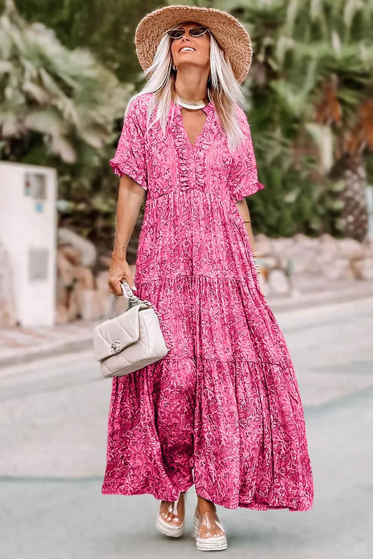 Pink Paisley Print Boho Ruffle Tiered Maxi Dress