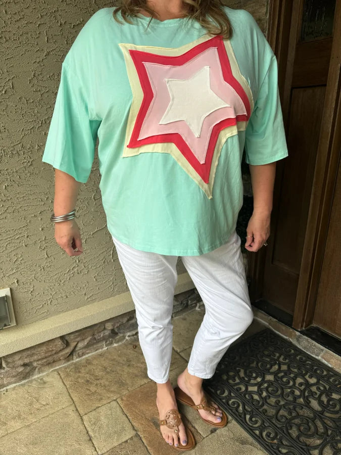 Curvy Moonlight Jade Colorblock Star Patch Tunic