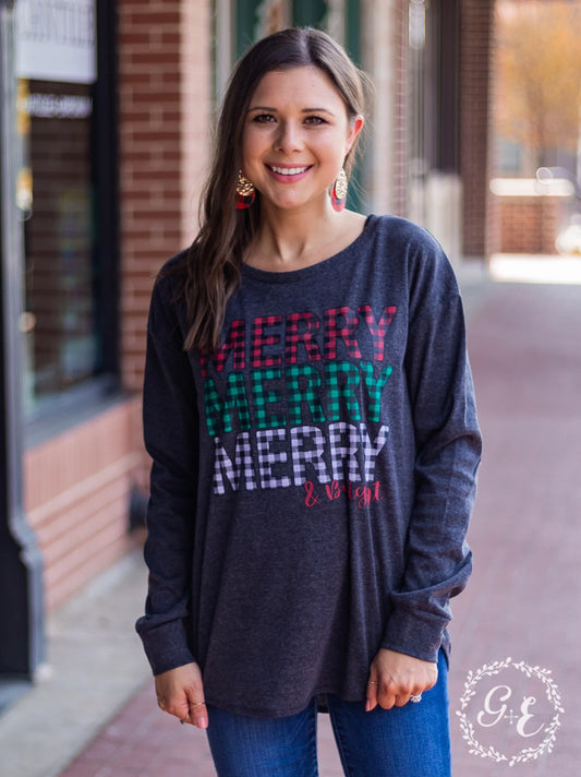 Merry Merry Merry & Bright Round Neck Long Sleeve Top with Knit Wrist