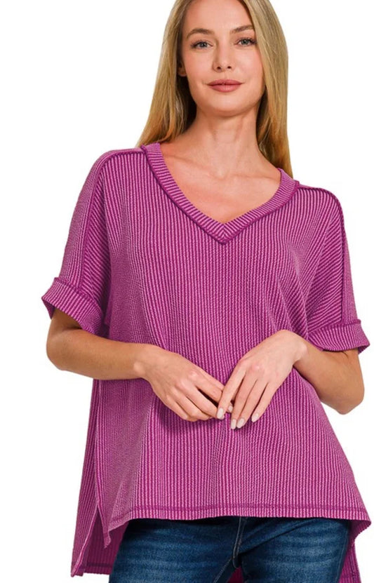 Corded Rib Short Sleeve Hi-Low V-Neck Top