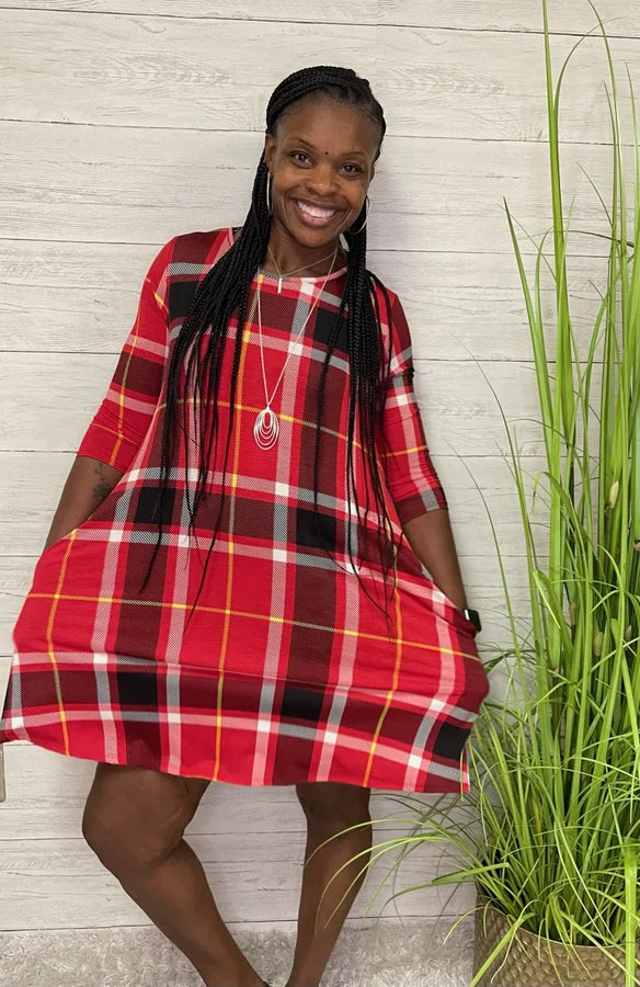 Red Plaid 3/4 Sleeve Dress with Pockets