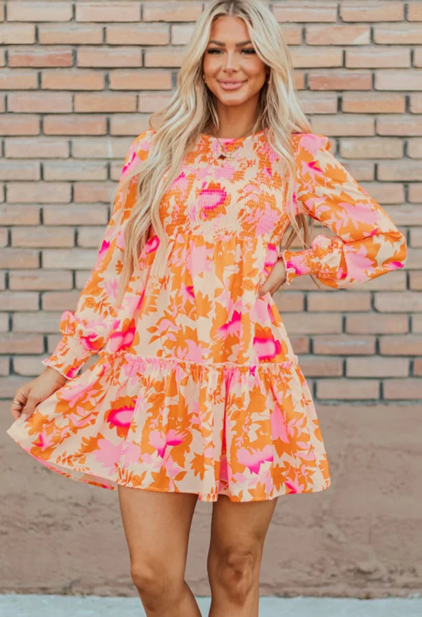 Abstract Print Smocked Lantern Sleeve Ruffle Mini Dress