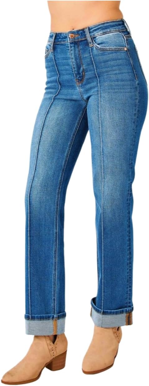 High Waist Front Seam Detail & Cuffed Straight Judy Blue Jeans