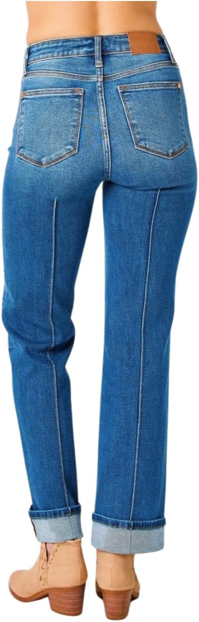 High Waist Front Seam Detail & Cuffed Straight Judy Blue Jeans