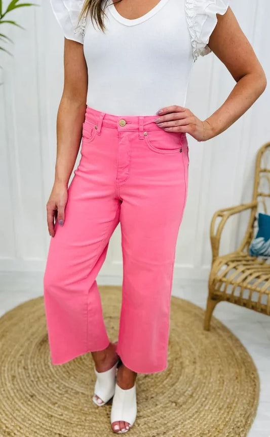 High Waist Garment Dyed Tummy Control Crop Wide Jeans