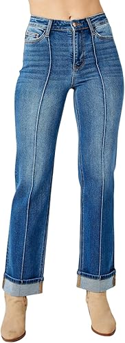 High Waist Front Seam Detail & Cuffed Straight Judy Blue Jeans