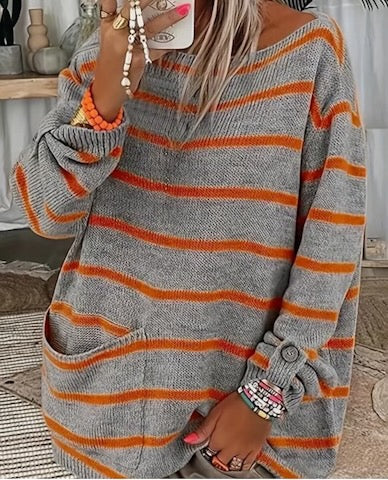 Striped Pattern Long Sleeve Crew Neck Sweater