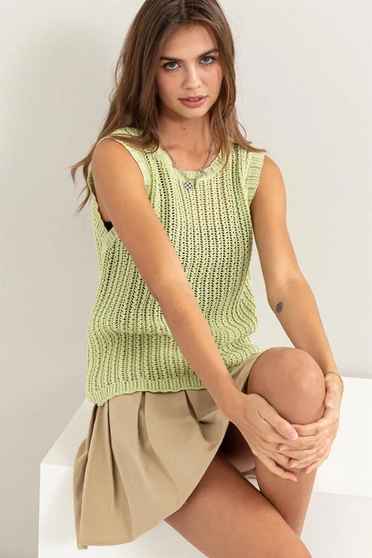 Open-Stitch Round Neck Crochet Top