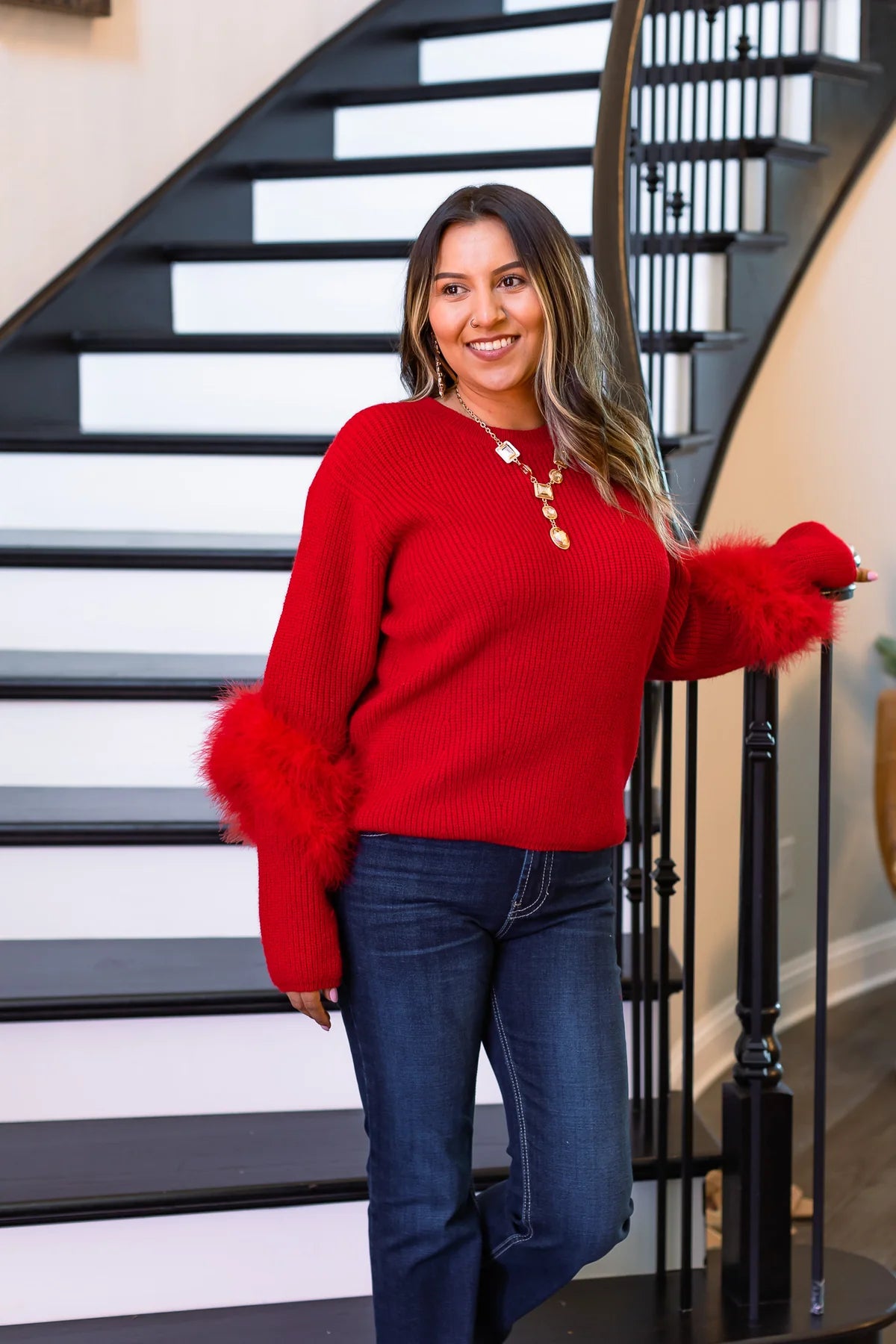 Red Knit Feather Sweater