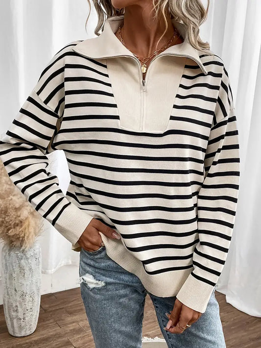 Elegant Stripe Zip Up Collared Sweater