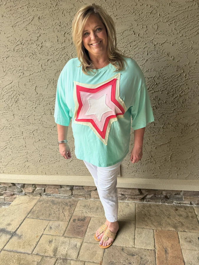 Curvy Moonlight Jade Colorblock Star Patch Tunic