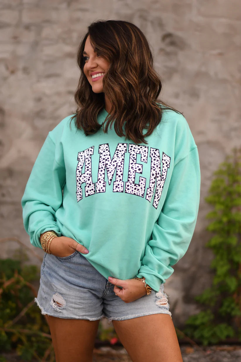 Curvy Dalmation Amen Sweatshirt in Turquoise