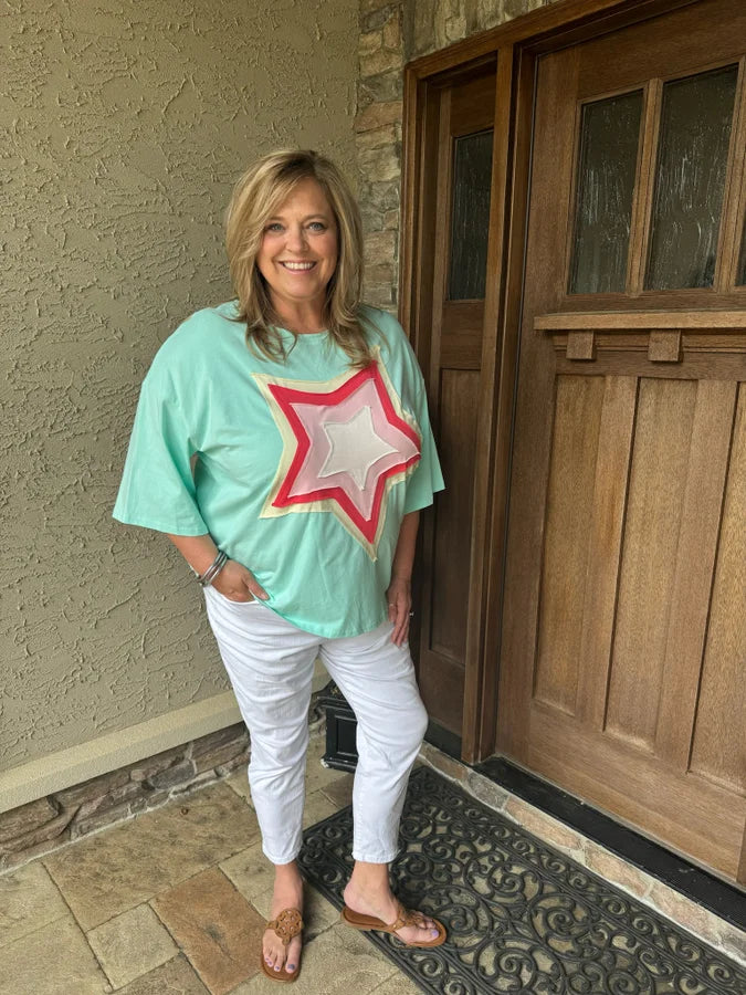 Curvy Moonlight Jade Colorblock Star Patch Tunic