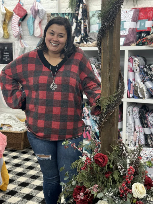 Red Black V Neck Buffalo Plaid