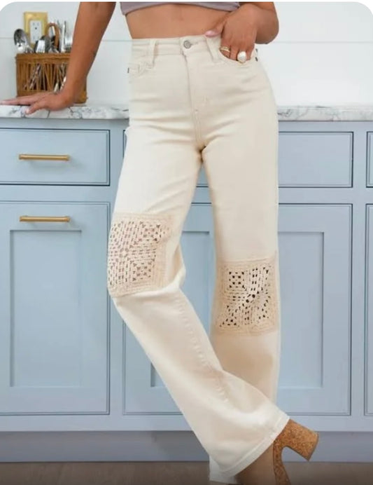 Judy blue high waist crochet patches wide leg jeans