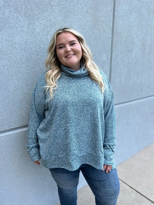 Curvy Brushed Melange Cowl Neck Poncho Sweater