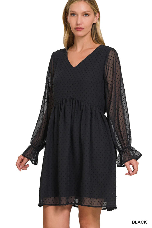 Swiss Dot Long Sleeve V-Neck Dress