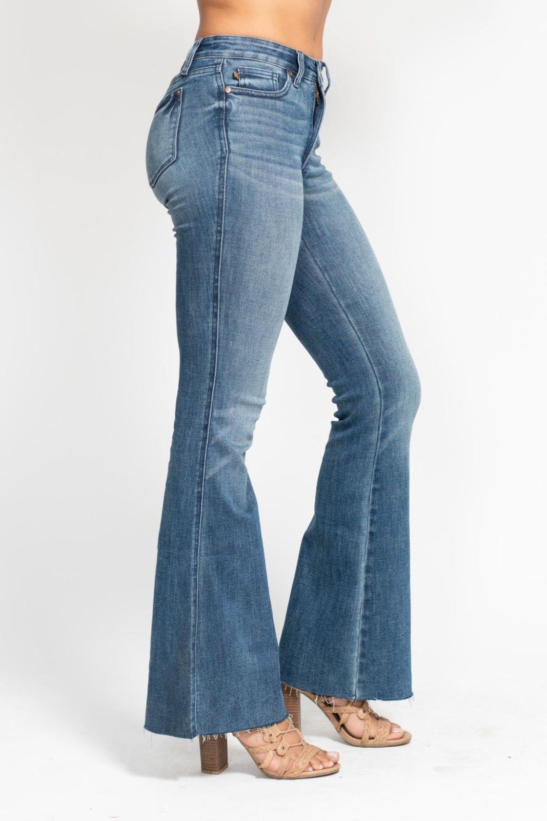 Mid Rise Tummy Control Vintage Wash Cut Hem Flare Judy Blue Jeans