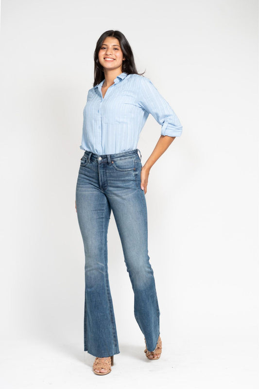 Mid Rise Tummy Control Vintage Wash Cut Hem Flare Judy Blue Jeans