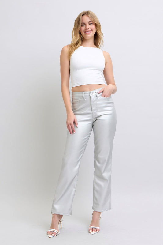 High Waist Tummy Control Metallic Silver Faux Leather Straight Judy Blue Jeans