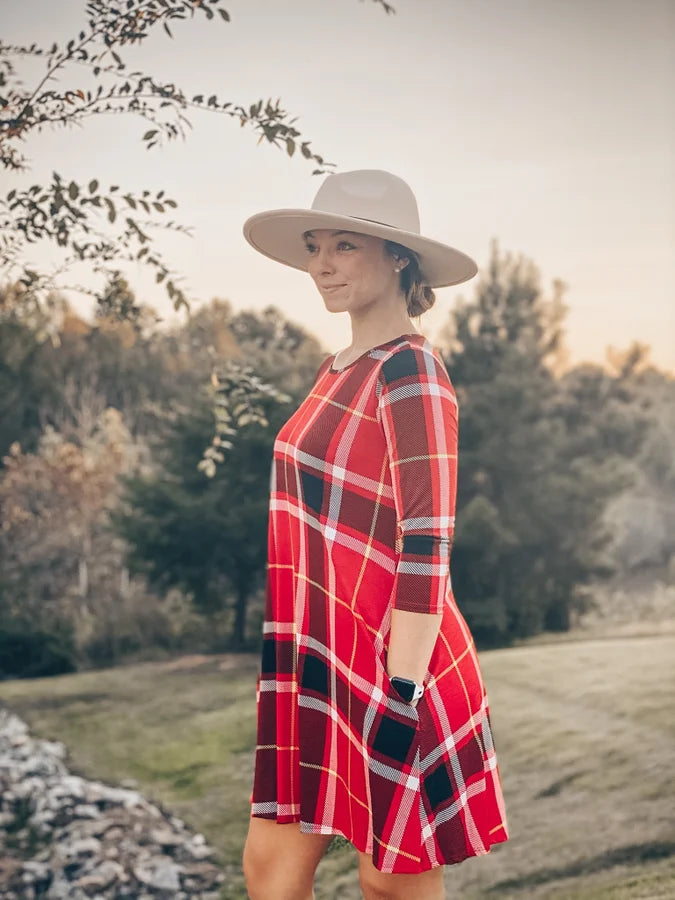 Red Plaid 3/4 Sleeve Dress with Pockets