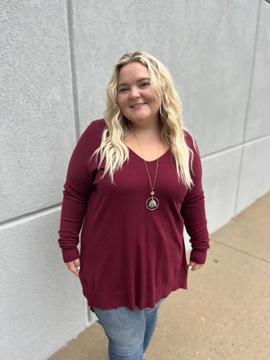 Curvy Burgundy V-Neck Center Seam Sweater