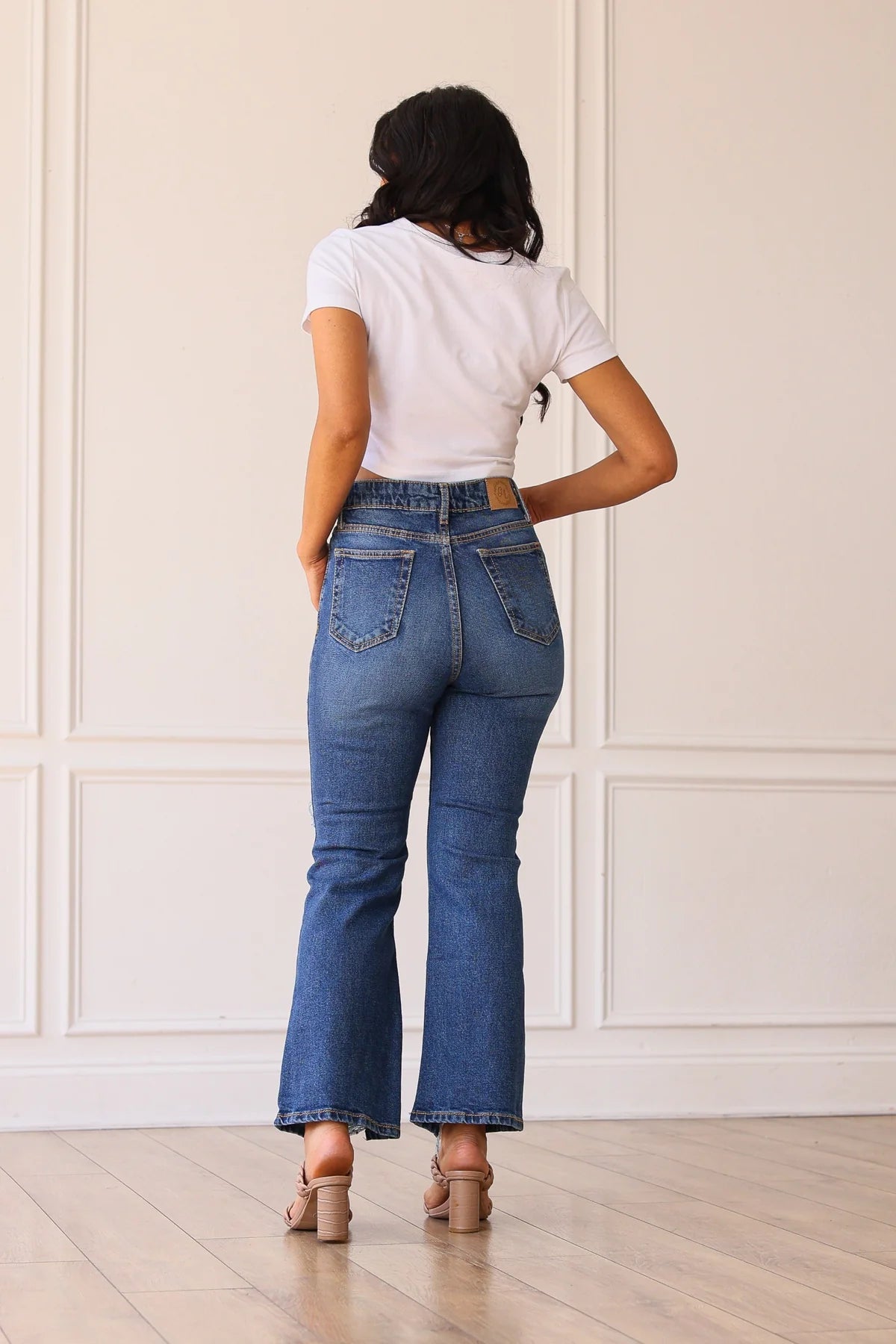 Blake Mid Washed Mid Rise Distressed Crop Flare Jeans