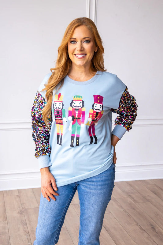 Blue Nutcracker Sweatshirt with Sequin Sleeves