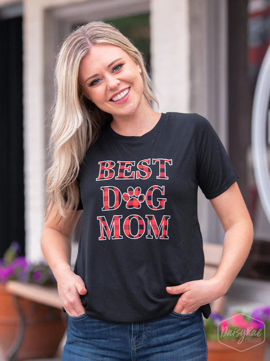 Buffalo Plaid Best Dog Mom Black Crewneck Tee