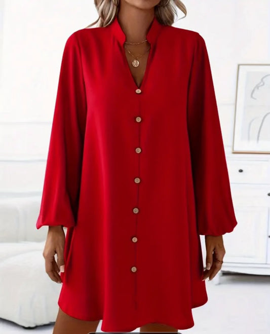 Red V-Neck Button Dress