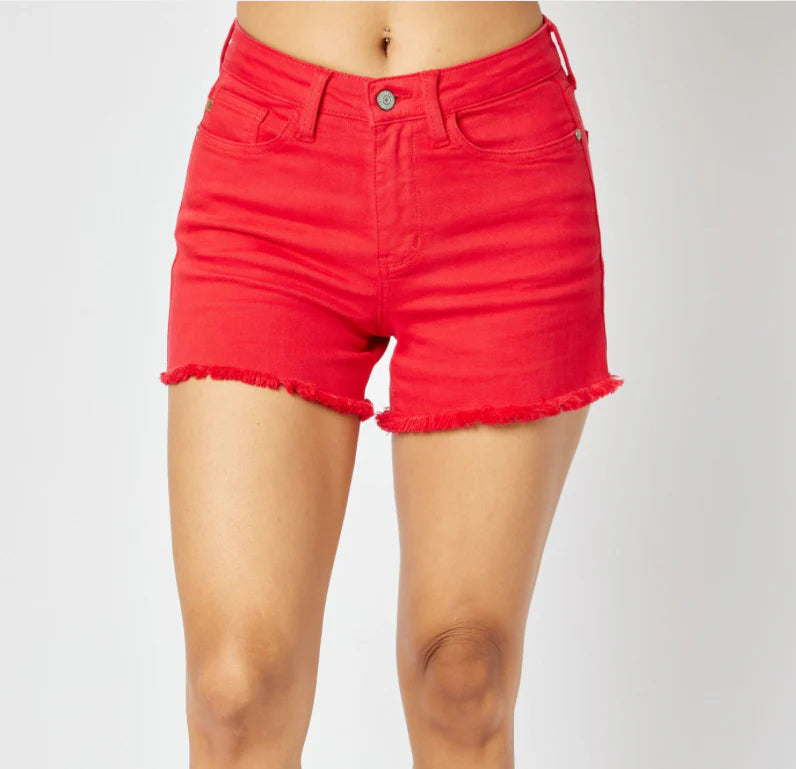 Judy Blue Mid Rise Garment Dyed Fray Hem Shorts