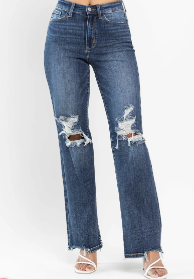 Curvy High Waist 90’s Knee Destroy Straight Judy Blue Jeans