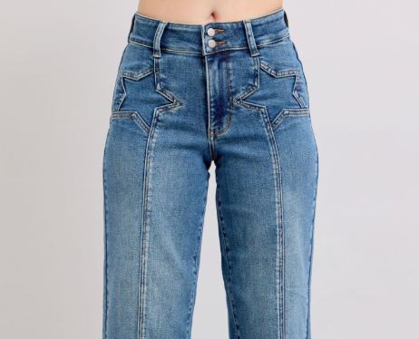 High Waist Star & Front Seam Detail Wide Leg Judy Blue Jeans