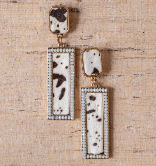 Rectangle Pendant Cowhide Earrings