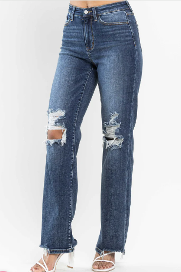 Curvy High Waist 90’s Knee Destroy Straight Judy Blue Jeans