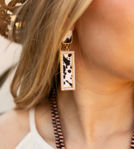 Rectangle Pendant Cowhide Earrings