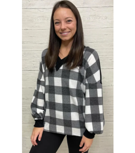 Curvy Ivory Black V Neck Buffalo Plaid