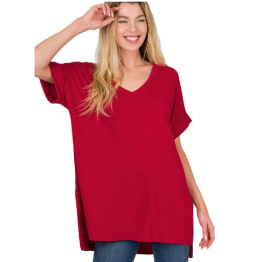 Curvy Rolled Short Sleeve Side Slit Hi-Low Hem Top