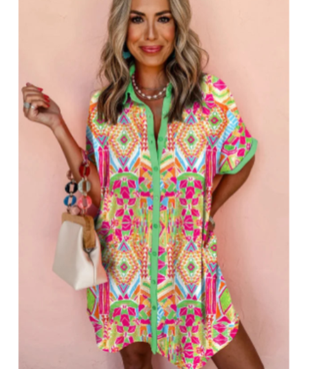 Bright Geometric Print Short Sleeve Dress