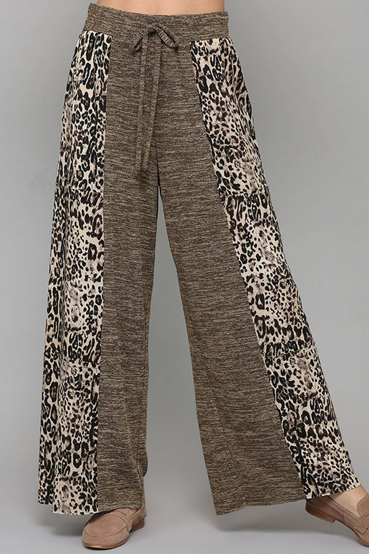 Two Tone and Leopard Print Knit Mix Pants with Pockets