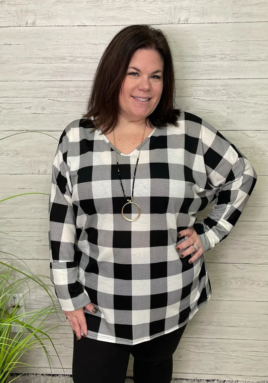 Plaid Ivory/Black V-Neck Loose Fit Top