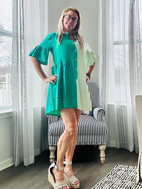 Green Color Block Button Front Dress