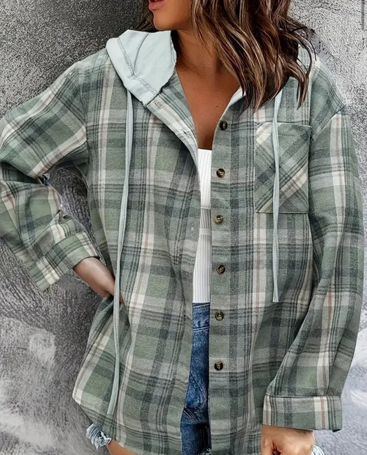 Plaid Jacket with Hood and Buttons