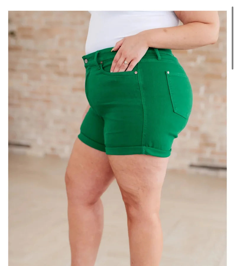 Judy Blue Jenna High Rise Control Top Cuffed Shorts Curvy Green