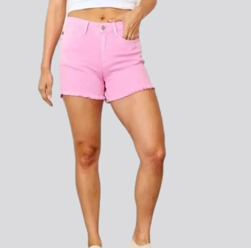 Judy Blue Mid Rise Garment Dyed Fray Hem Shorts