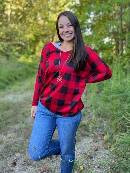 Plaid Red/Black V-Neck Loose Fit Top