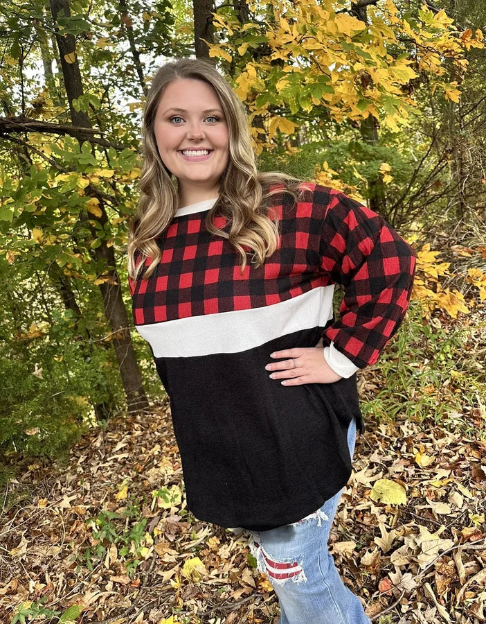 Curvy Buffalo Plaid Contrast Top